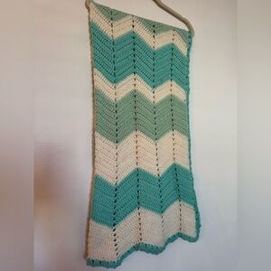 Chevron Patterned Afghan Blanket Green White Teal Handmade